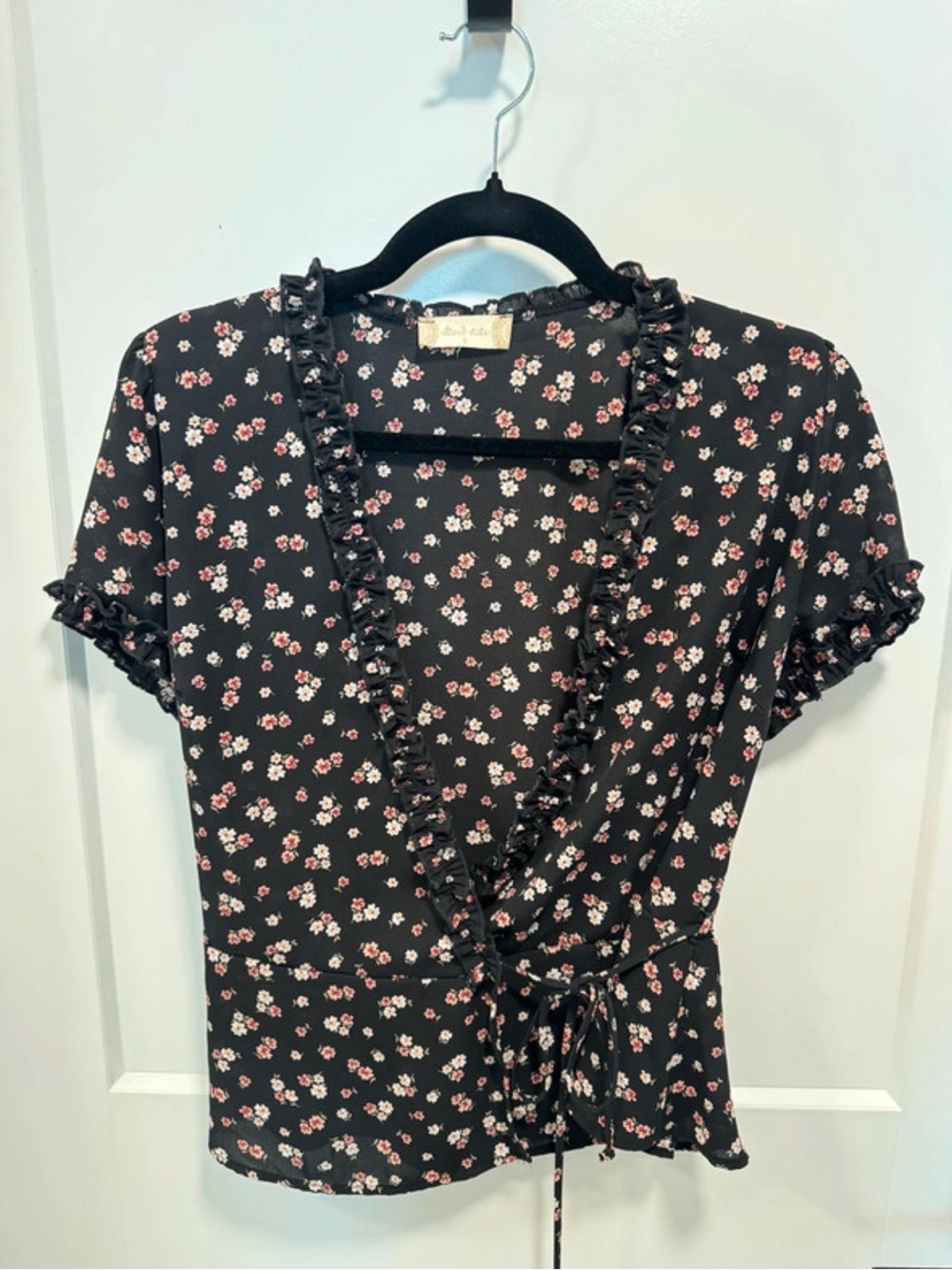 Altar'd State Black Wrap Top with Pink & White Floral Print